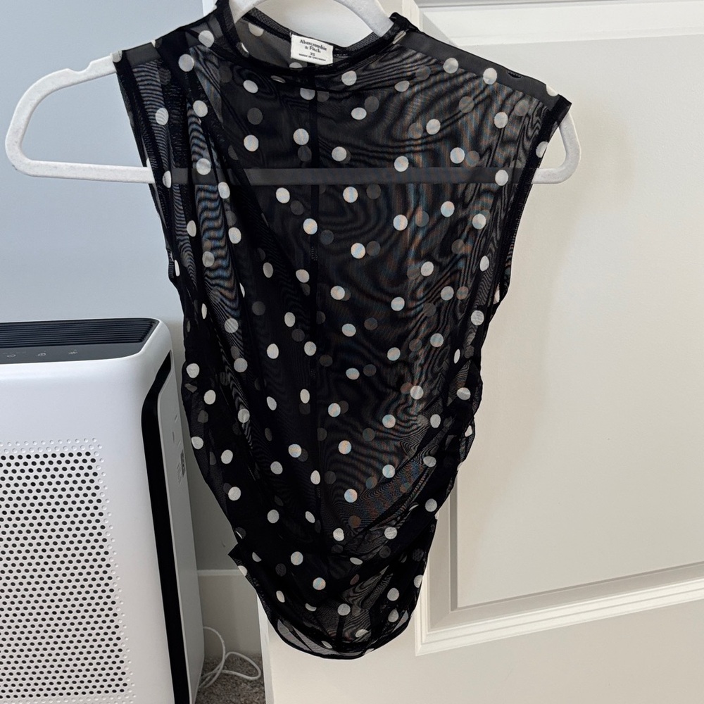 Abercrombie & Fitch Black Mesh Top with White Polka Dots